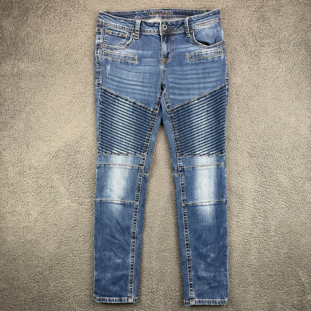 Grace in LA Womens Moto Skinny Jeans Blue Distressed Biker Denim Size 31 EB51381